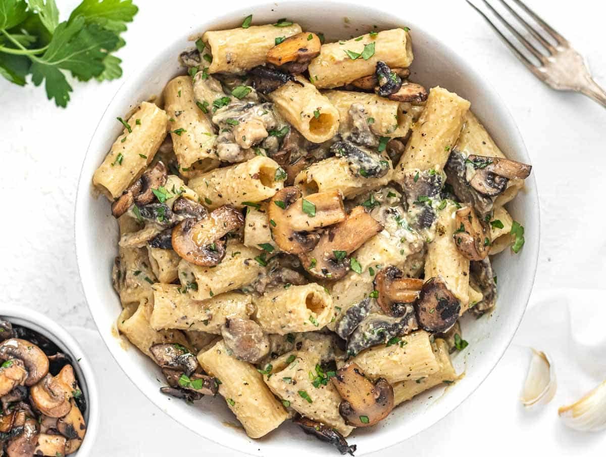 Hummus Pasta with fork and parsley