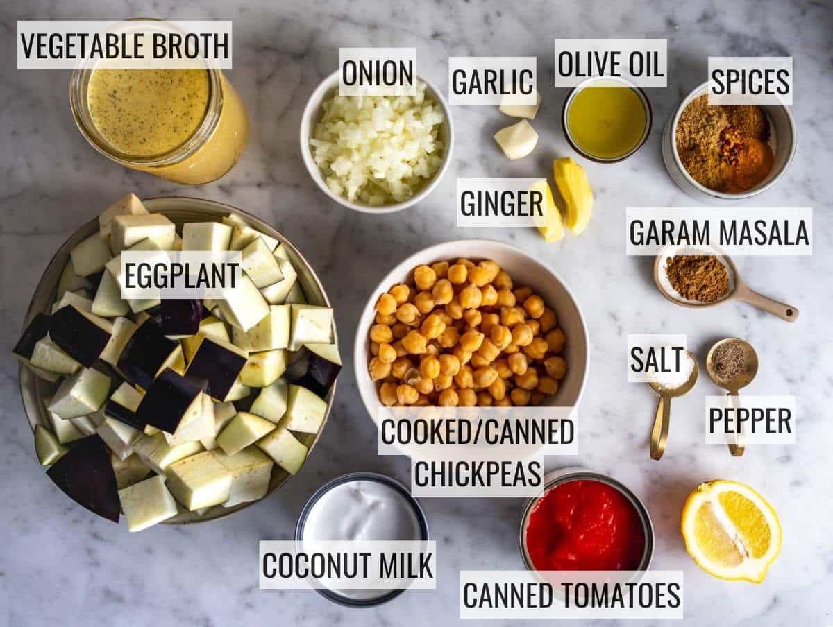 Ingredients for eggplant curry.