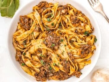 Mushroom Bolognese with a fork