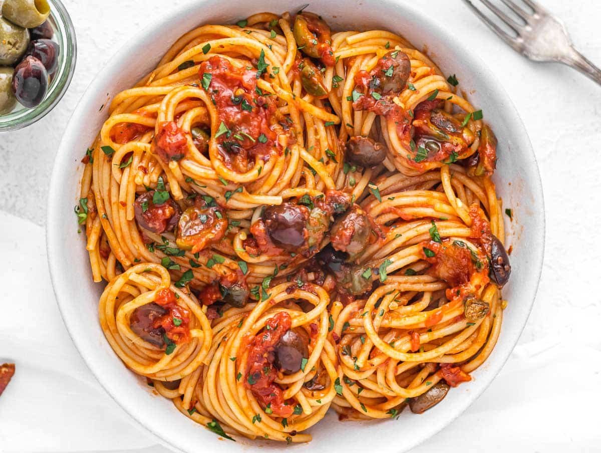 Pasta Puttanesca with olives