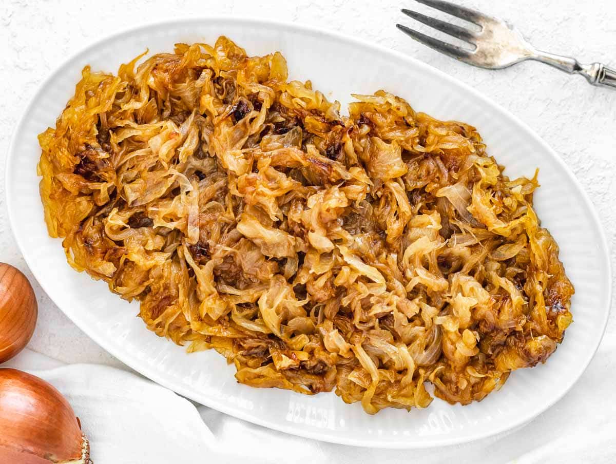 caramelized onions on a white platter