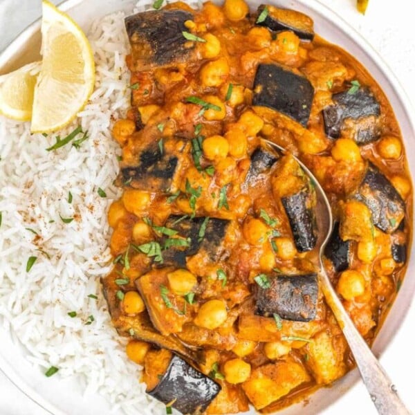 eggplant curry with silver spoon