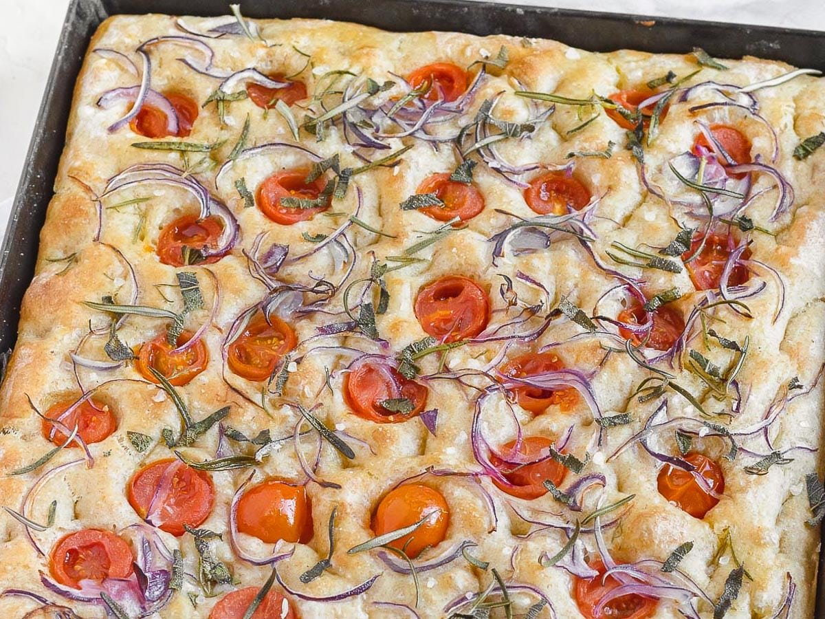 rustic italian focaccia with tomatoes and sage
