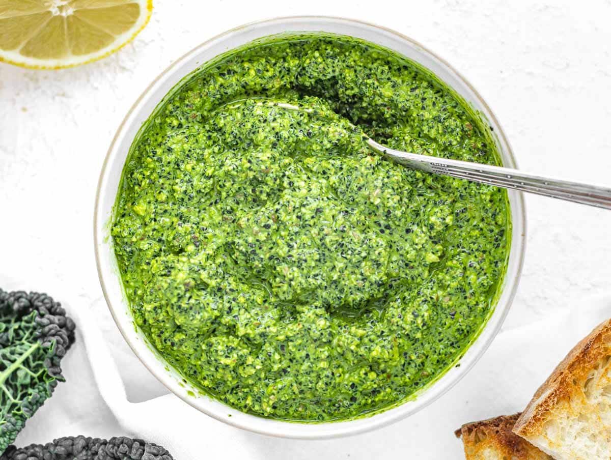 Kale Pesto with silver spoon