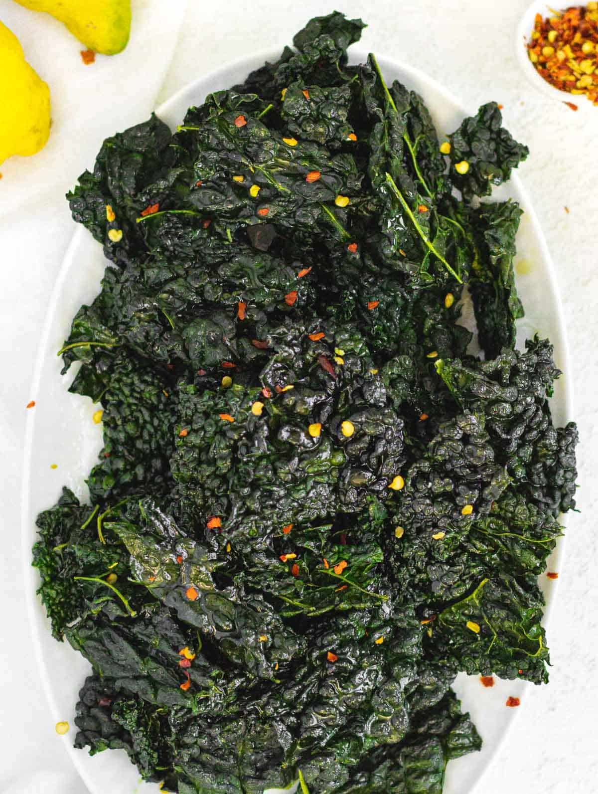 Kale chips and lemon and red pepper flakes