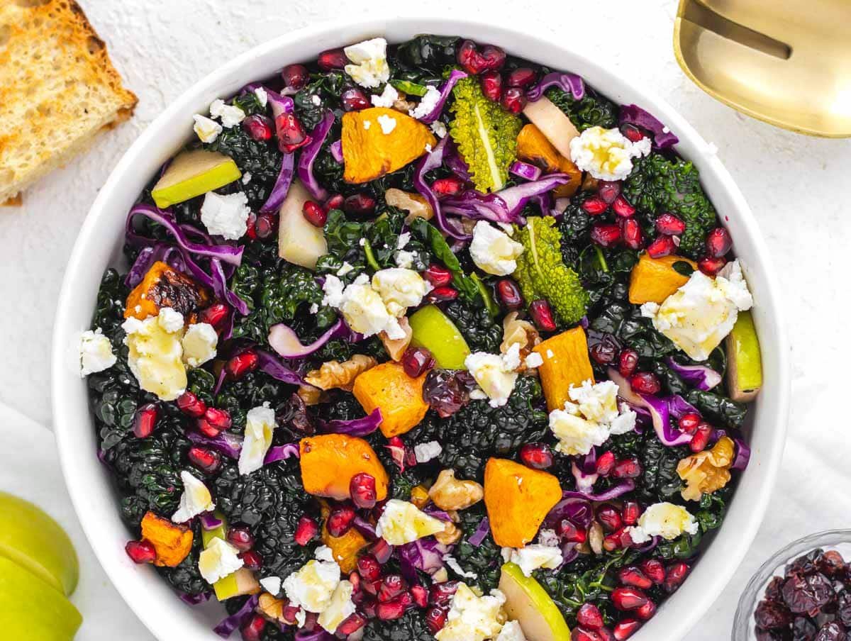 Kale salad with crumbled feta as a light dinner idea