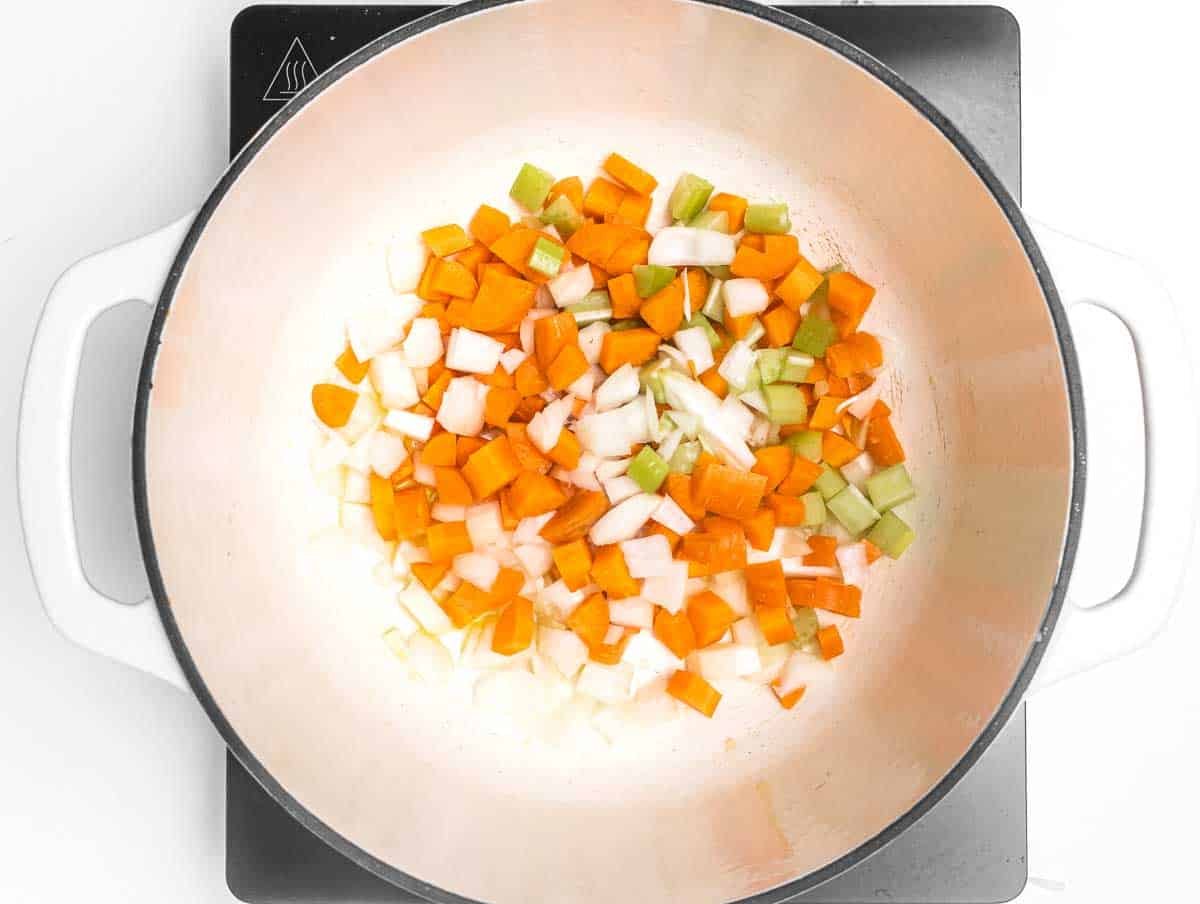 carrot, celery and onion in a skillet