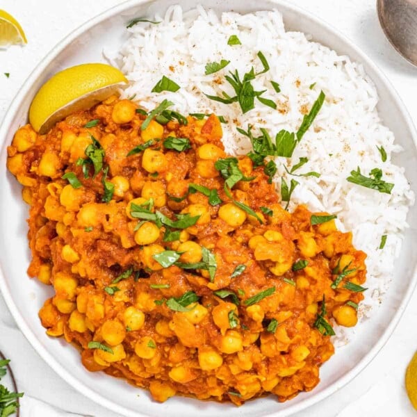 Chana masala in a bowl with rice