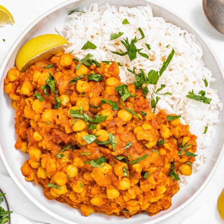 Chana masala in a bowl with rice