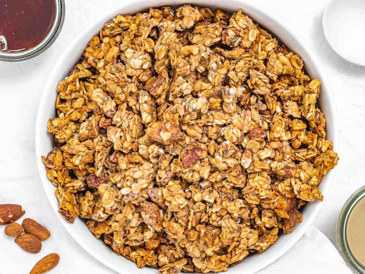Granola with spoon and almonds