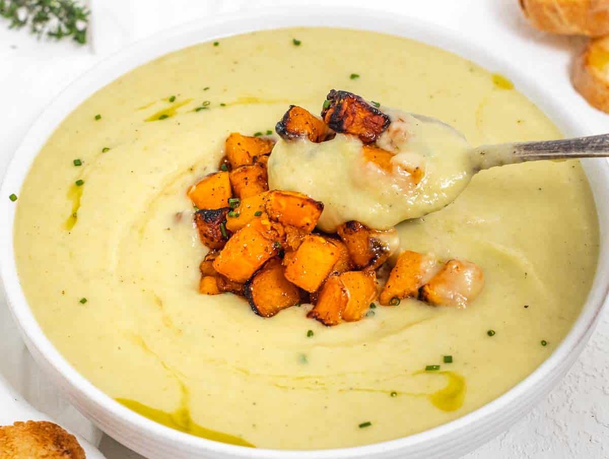Potato leek soup with pumpkin on top
