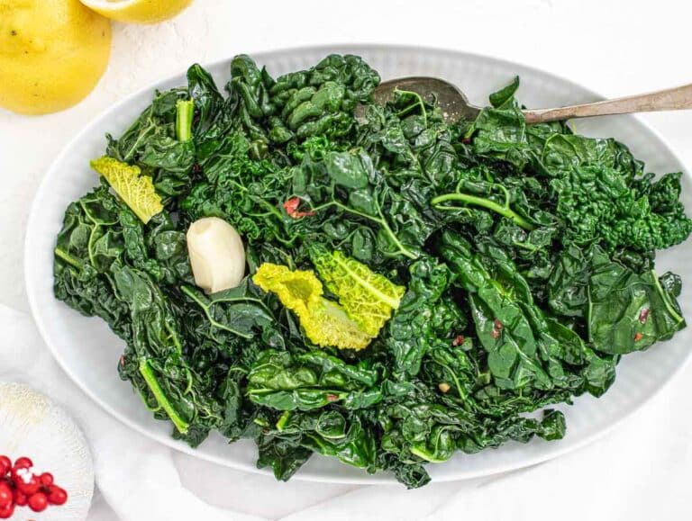 Sauteed kale on a white platter