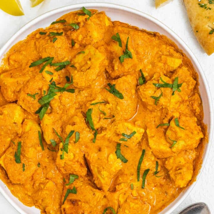Vegan Butter Chicken in a white plate