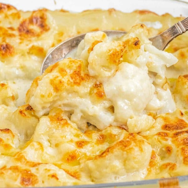 Cauliflower mac and cheese and silver spoon