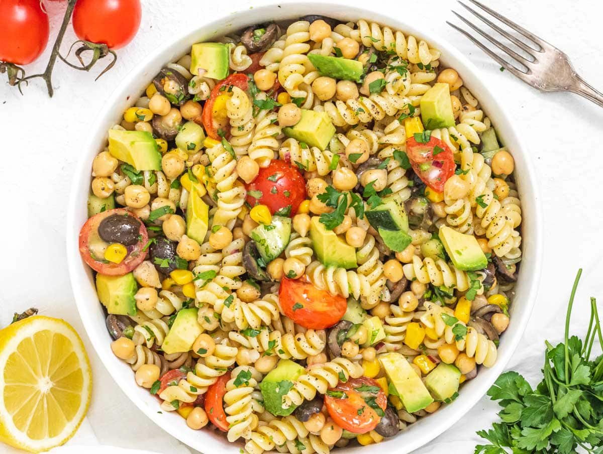 chickpea pasta salad in a bowl