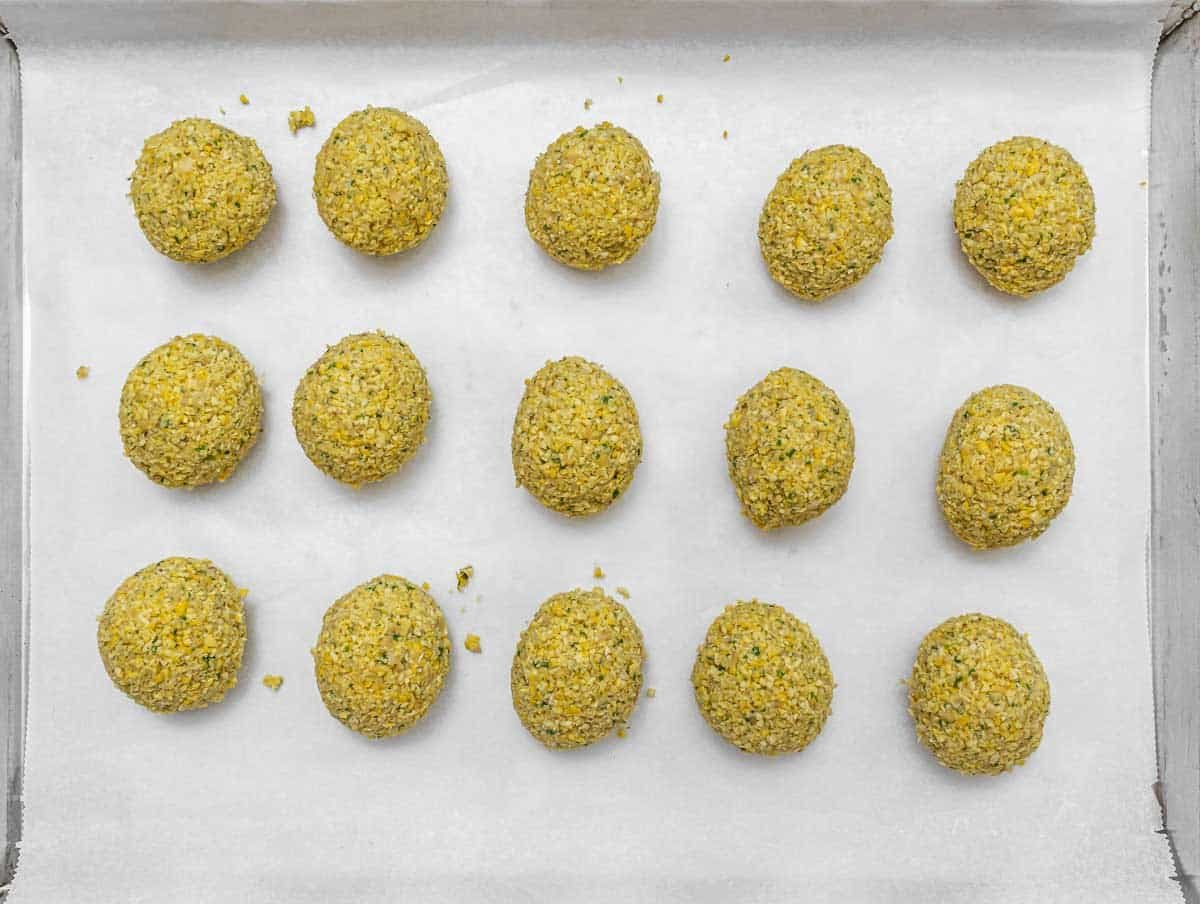Falafel balls on a baking tray