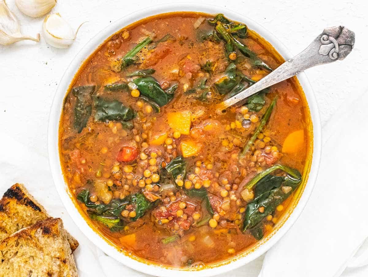 Lentil Vegetable Soup with spoon