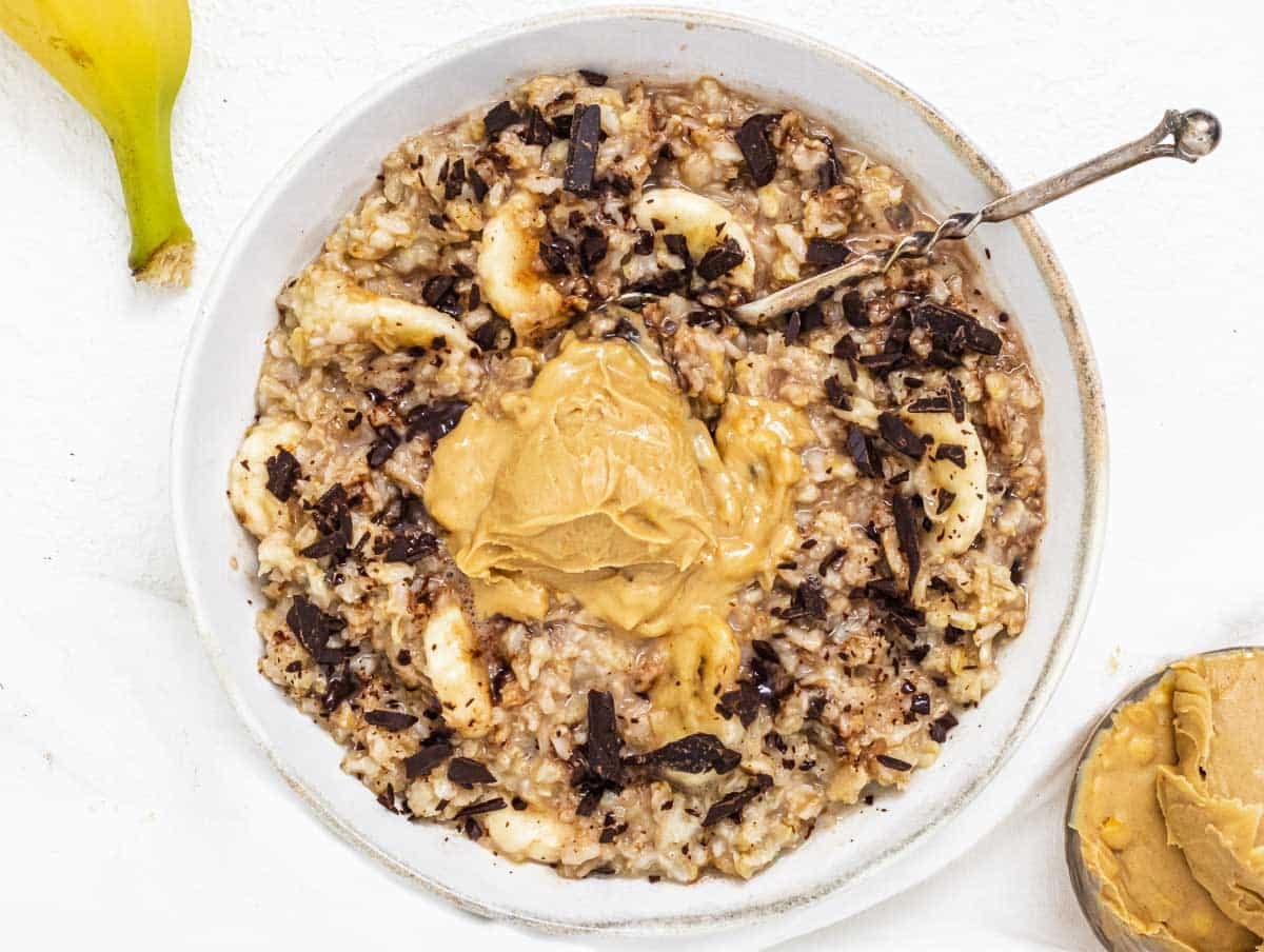 Oatmeal with banana and peanut butter in a bowl