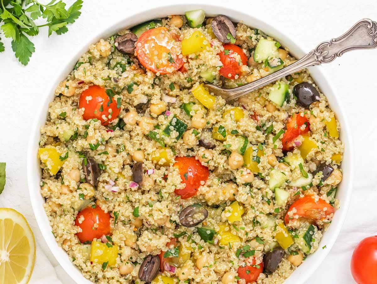 Quinoa chickpea salad with fork