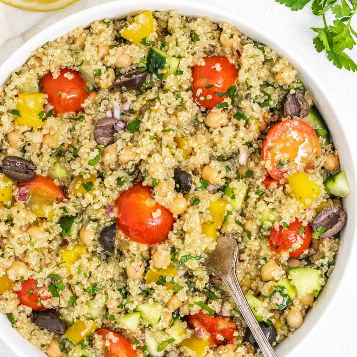 Quinoa chickpea salad with fork