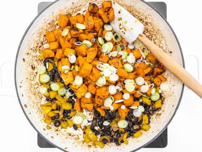 black beans, corn and sweet potatoes in a pot