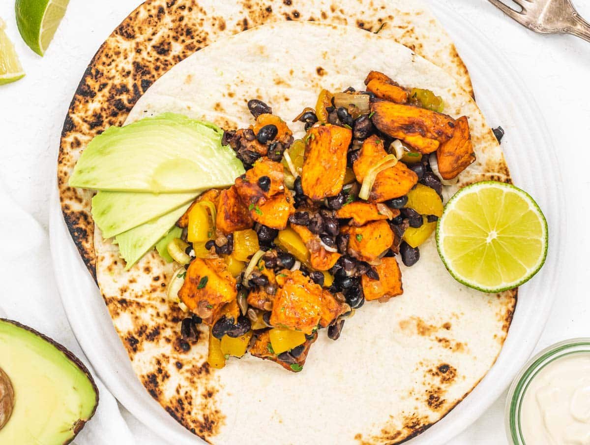 Sweet Potato Hash in a tortilla with avocado