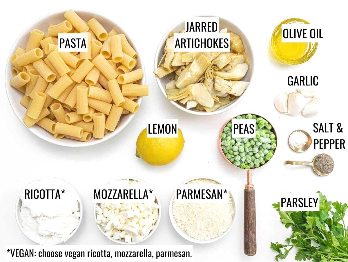 ingredients for artichoke pasta bake