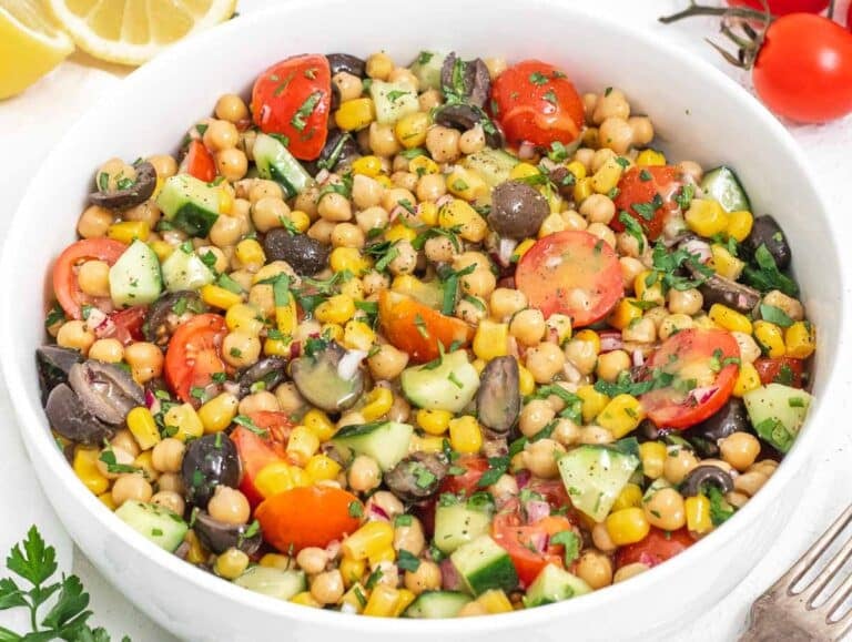 chickpea salad in a white bowl