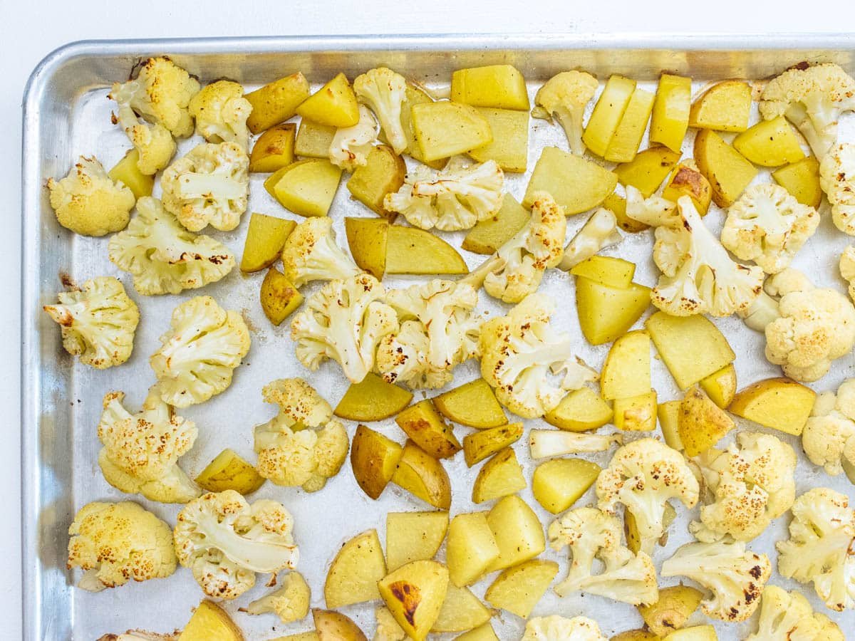cauliflower and potatoes after roasting in the oven