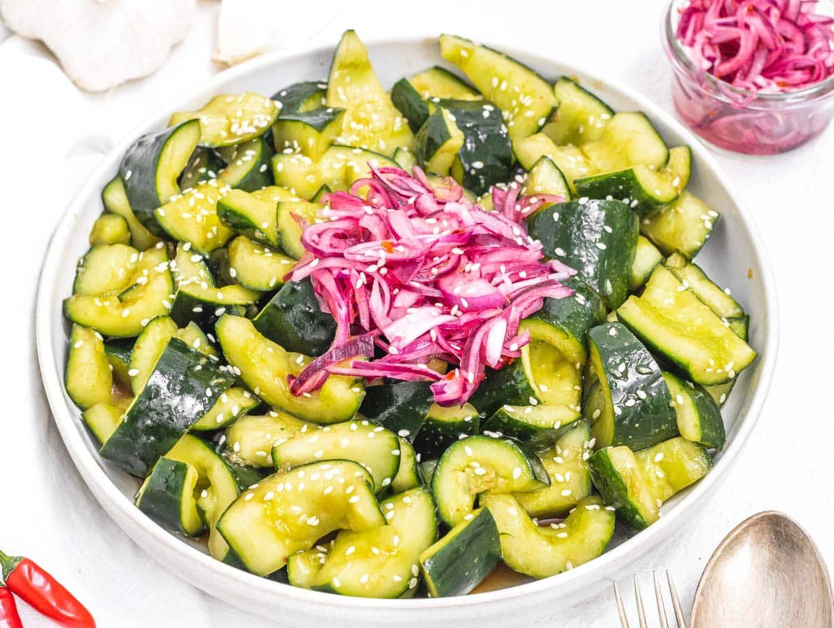 Asian cucumber salad with pickled red onion