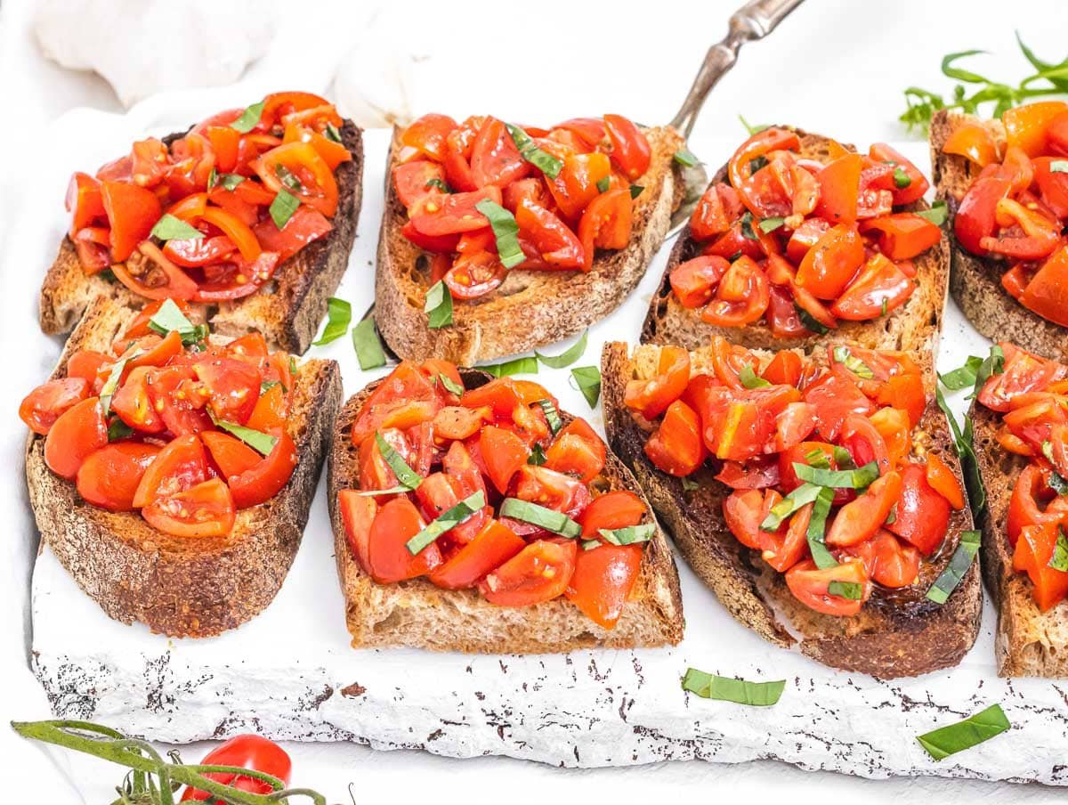 Bruschetta on a white platter