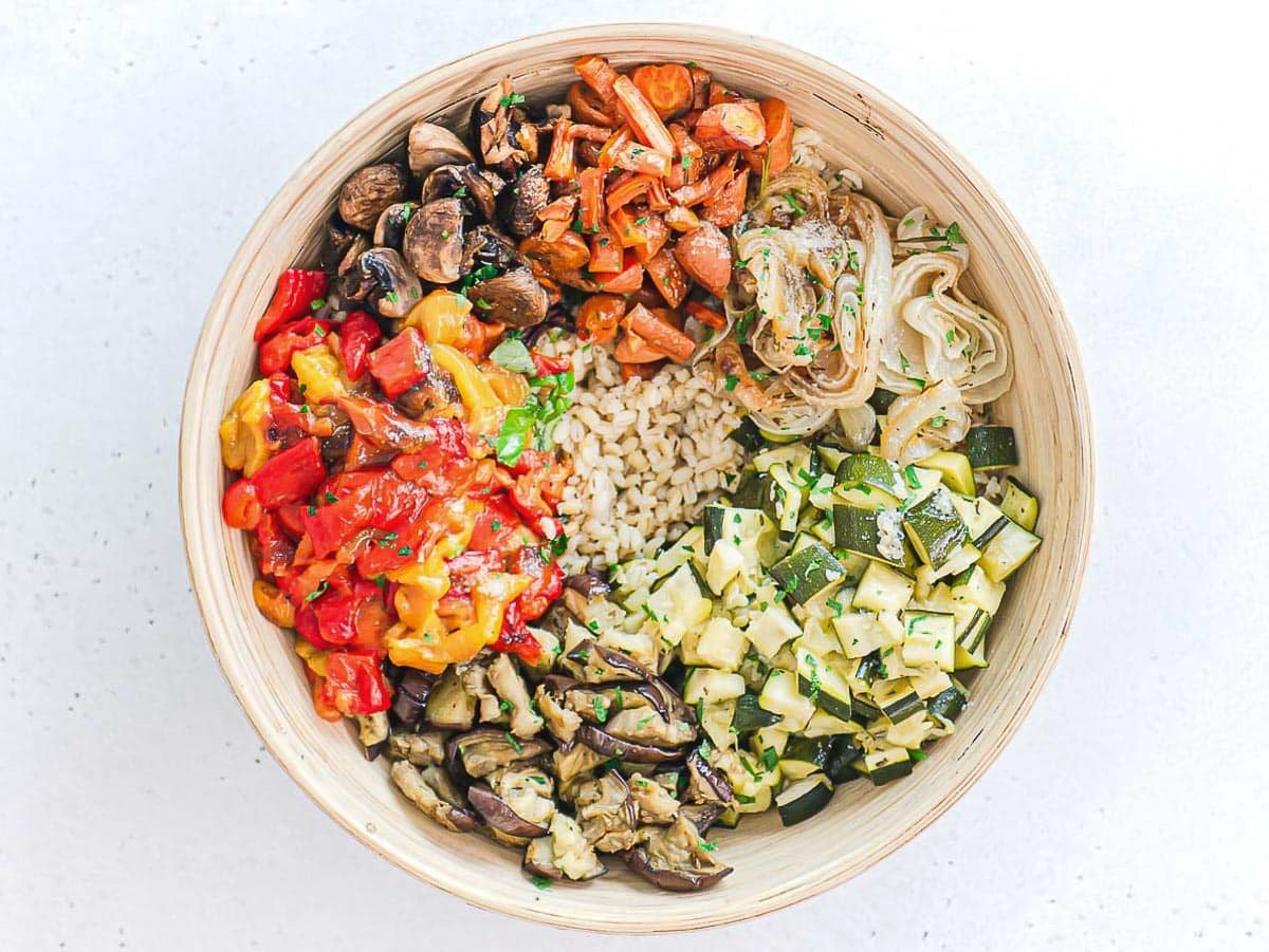 rice salad and roasted vegetables in a bowl
