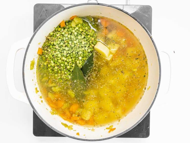 split peas and vegetable broth in a pot