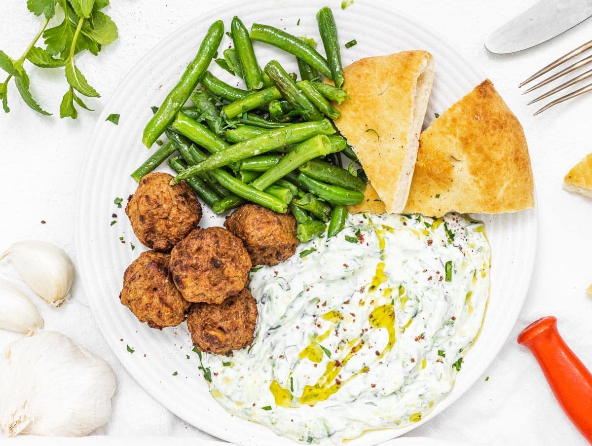 Tzatziki with falafel and sauteed green beans