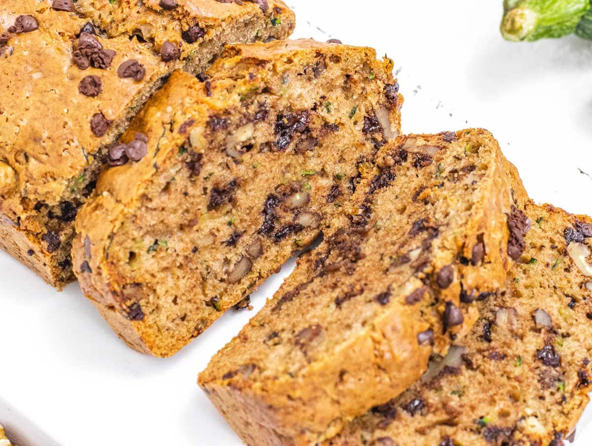 Vegan Zucchini Bread in slices and with chocolate chips