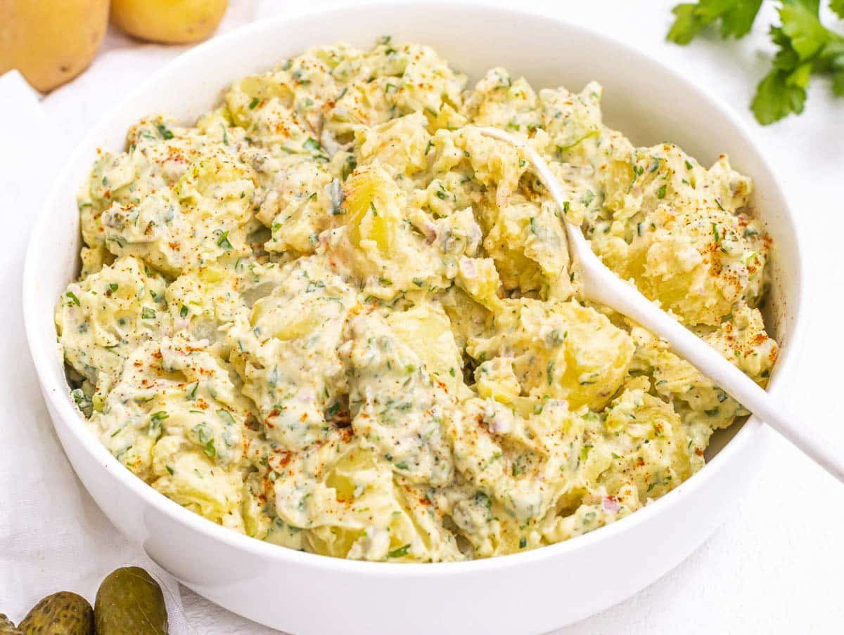 Vegan potato salad with pickled cucumber