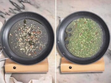 Aglio e olio sauce in a skillet.