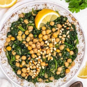 Chickpea Spinach Stew with pine nuts