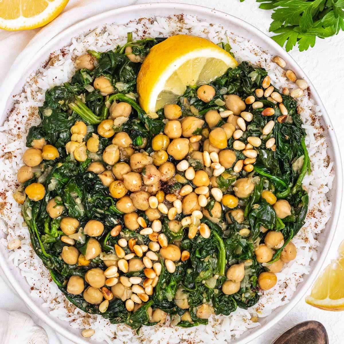 Chickpea Spinach Stew with pine nuts