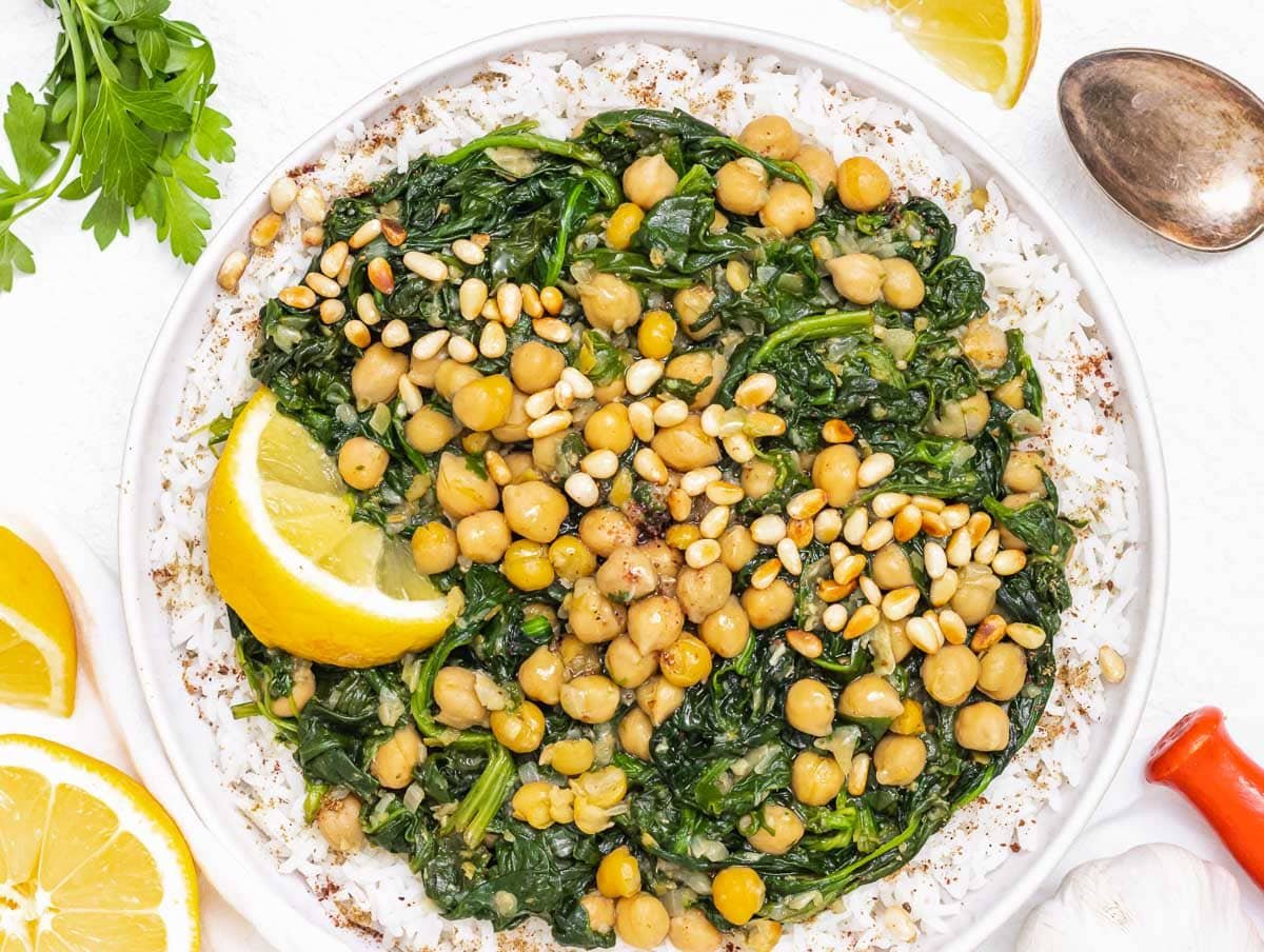 Chickpea Spinach Stew on rice with lemon
