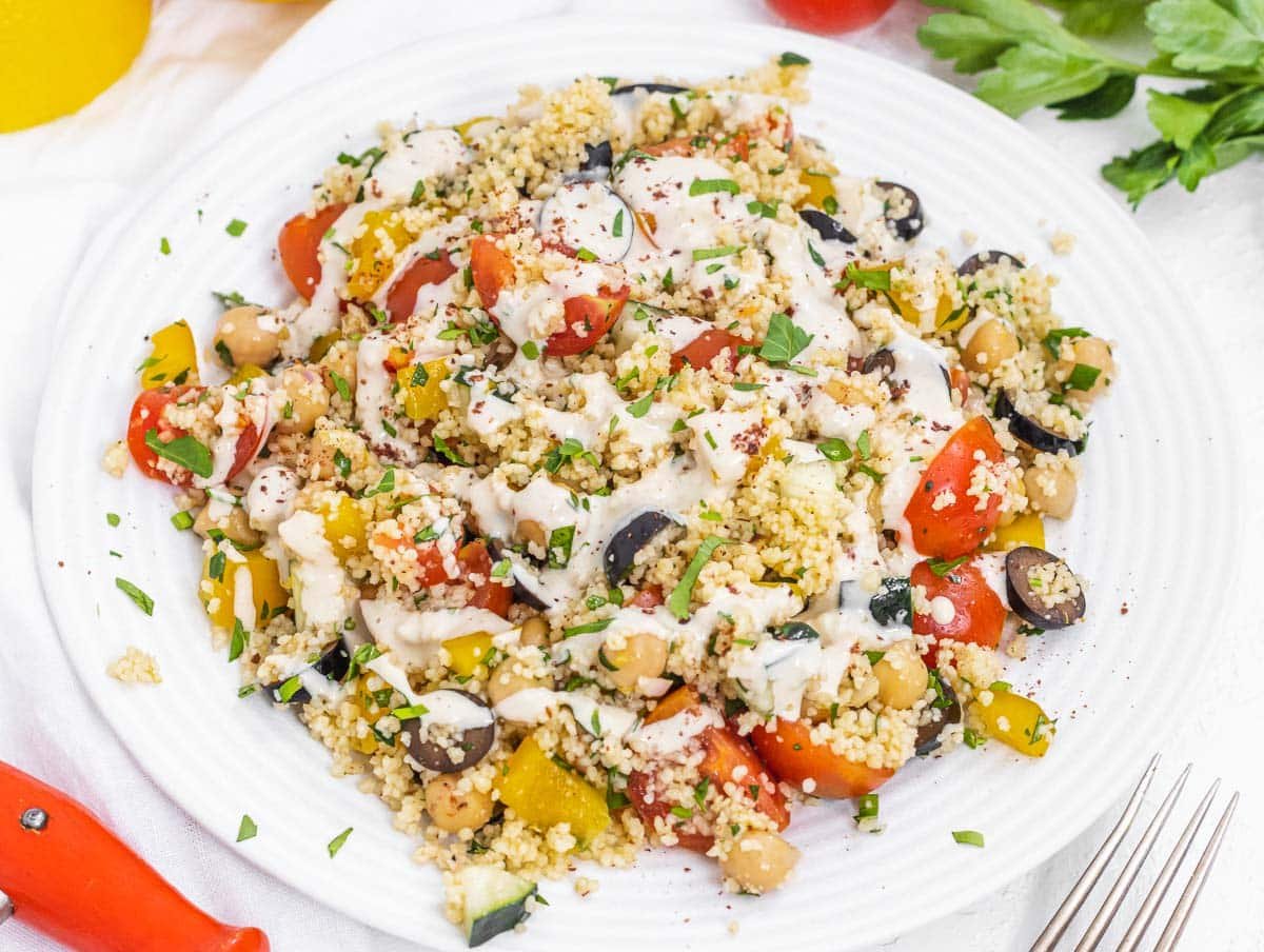 Couscous salad with tahini dressing