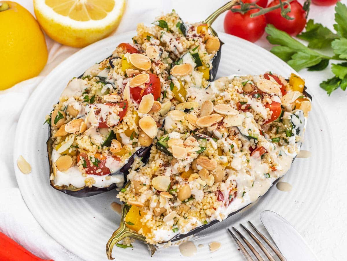 Couscous salad on stuffed eggplant