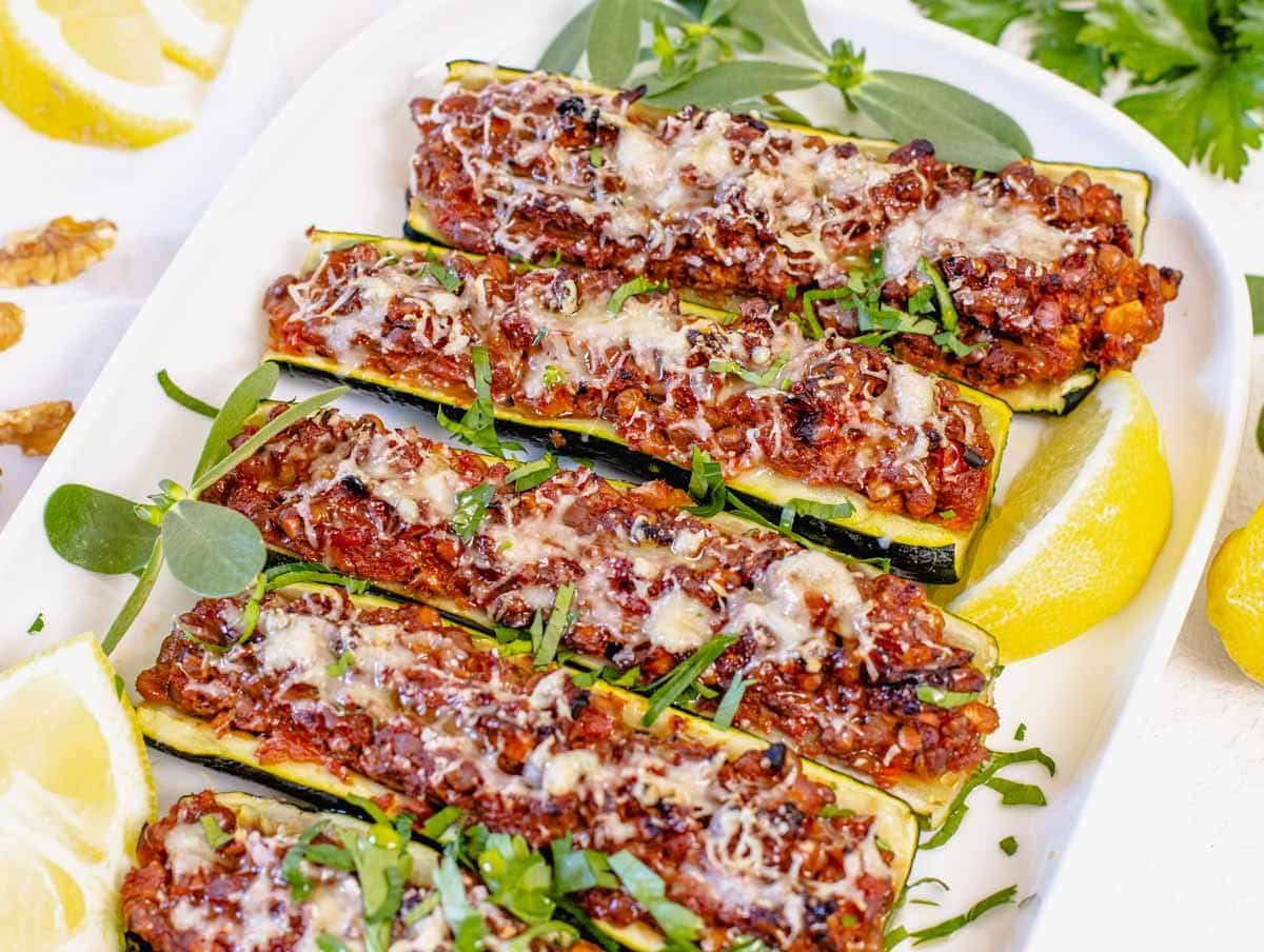 Easy zucchini boats on a platter