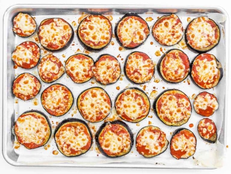 Eggplant pizza after baking on a tray