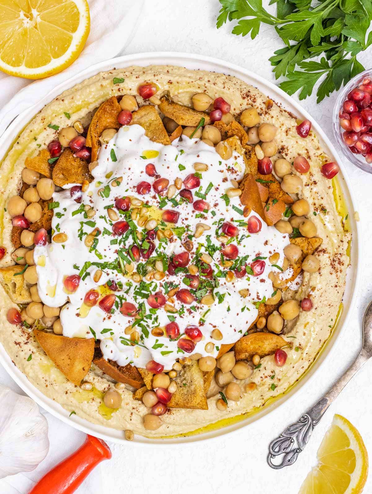 Fatteh hummus with pomegranate seeds