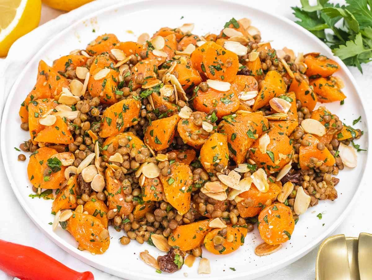 Lentil carrot salad with shaved almonds