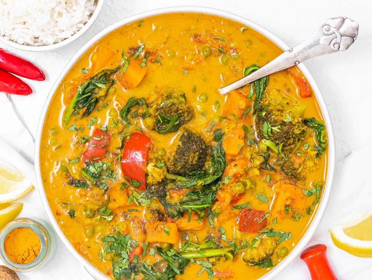 Vegetable curry with a silver spoon