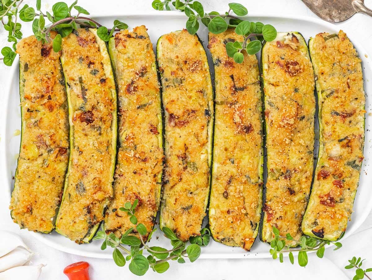 stuffed zucchini with ricotta on a platter