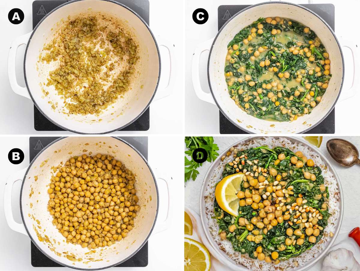 How to make spinach stew with chickpeas in four steps in one pot.