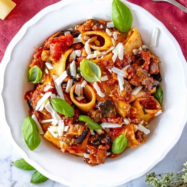 pasta alla norma with fresh basil and ricotta salata